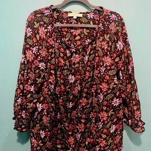 Black floral print blouse with tie, sheer